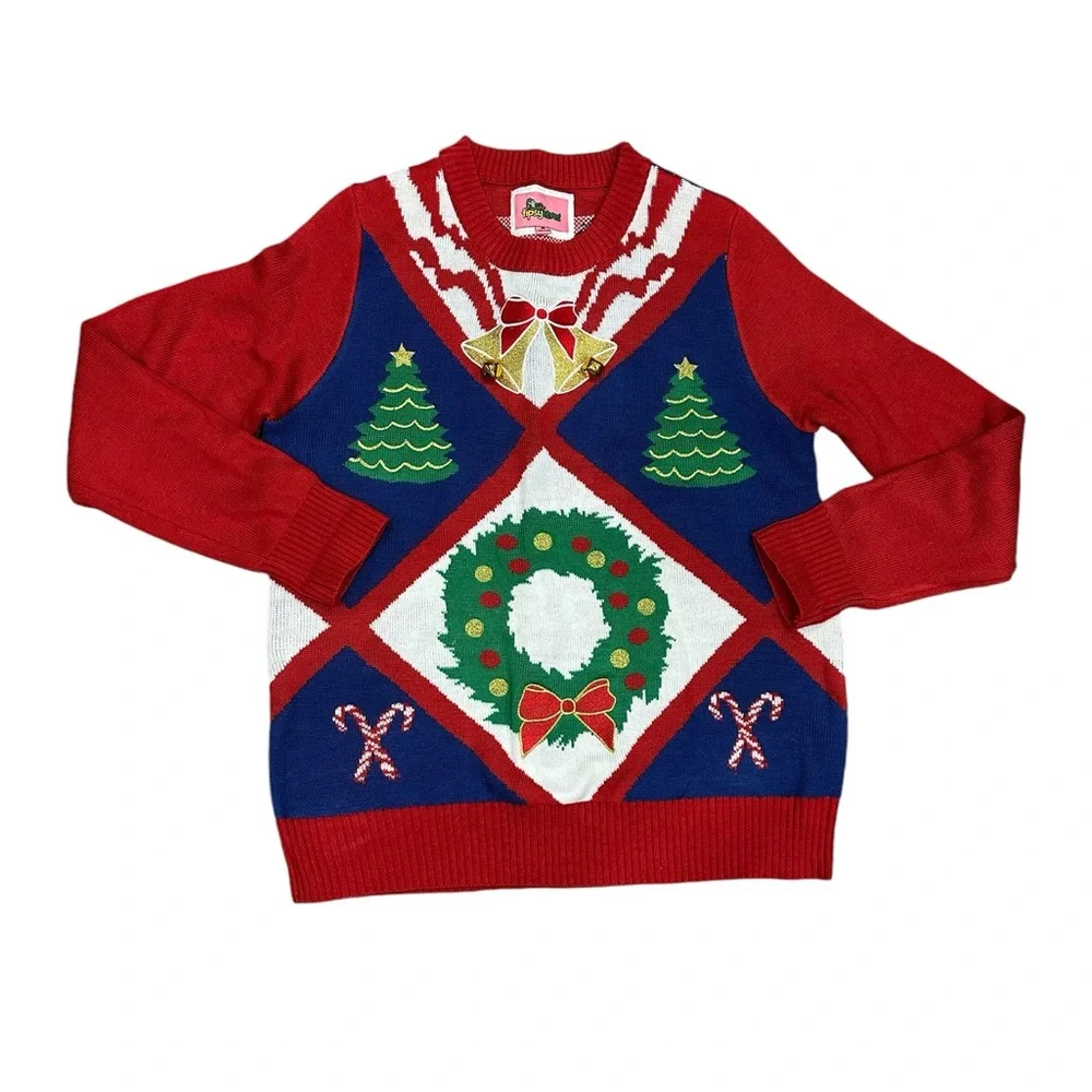 Women’s Tipsy Elves Holiday Christmas Tree Bells Large Sweater Red Colorful EUC